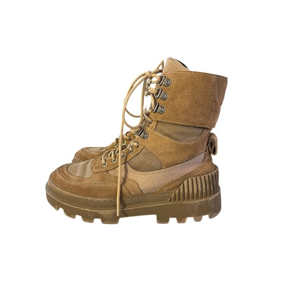 ZARA Combat Boots - Laced Split Leather Low Heel Ankle - Khaki Size 38 (US 7.5) - Picture 2 of 7